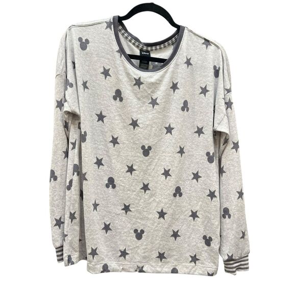 Disney Women’s Medium Pajama Top Gray Stars Mickey Mouse Long Sleeve Pullover - Picture 1 of 6